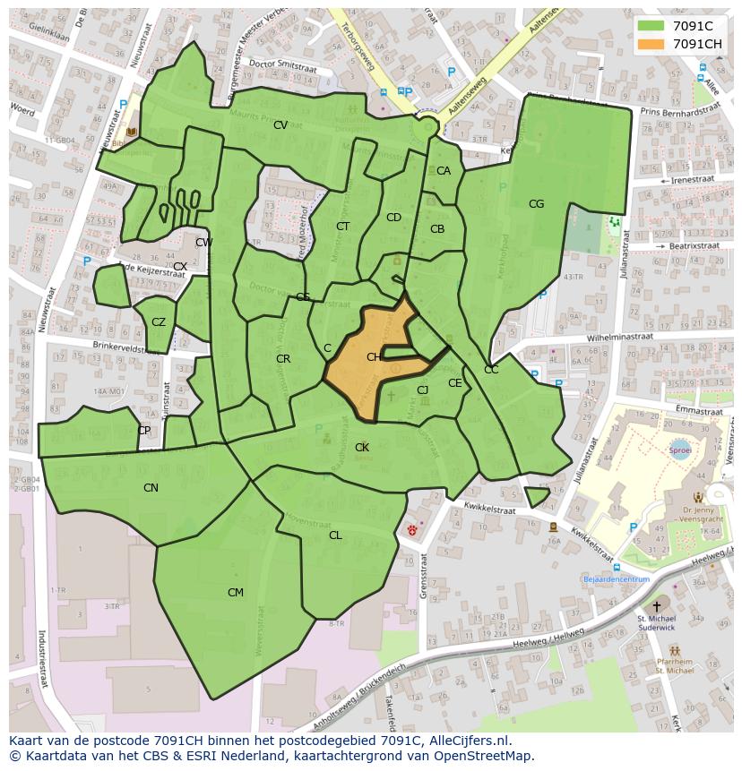 Afbeelding van het postcodegebied 7091 CH op de kaart.
