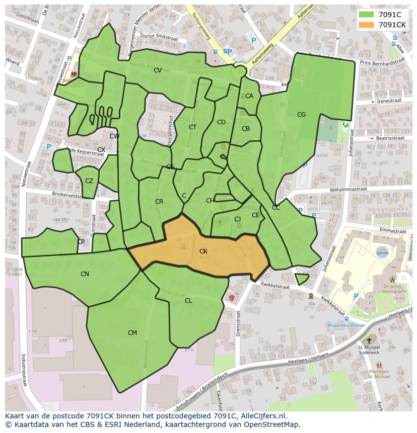 Afbeelding van het postcodegebied 7091 CK op de kaart.