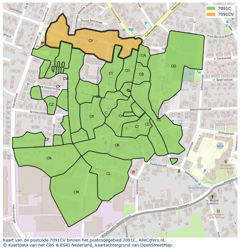 Afbeelding van het postcodegebied 7091 CV op de kaart.