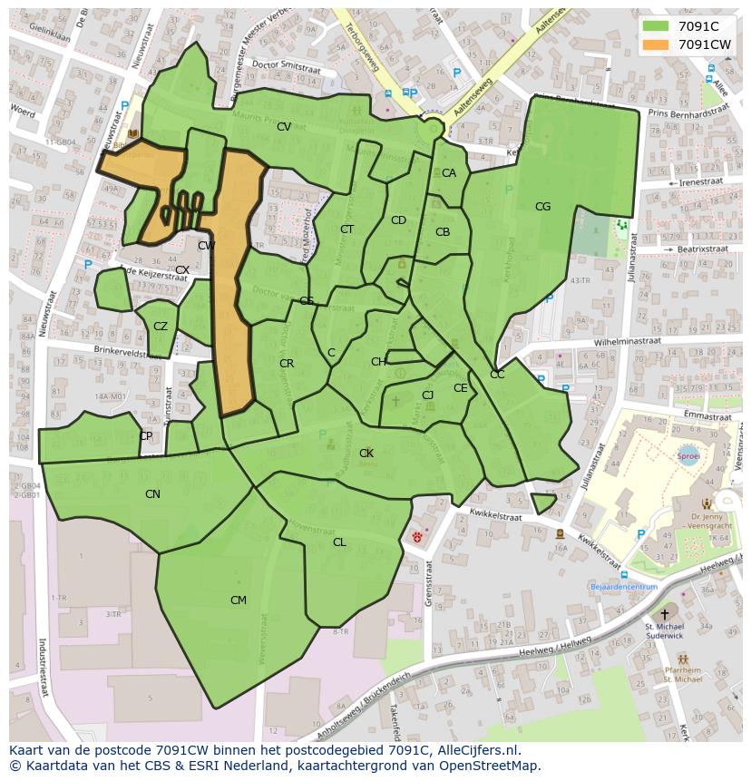 Afbeelding van het postcodegebied 7091 CW op de kaart.
