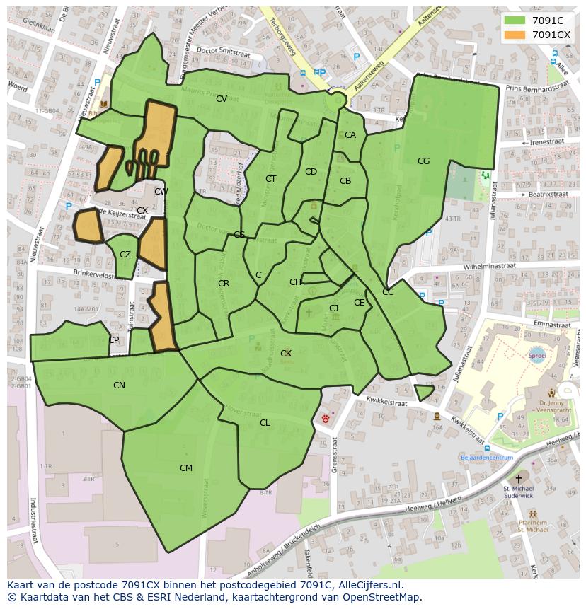 Afbeelding van het postcodegebied 7091 CX op de kaart.