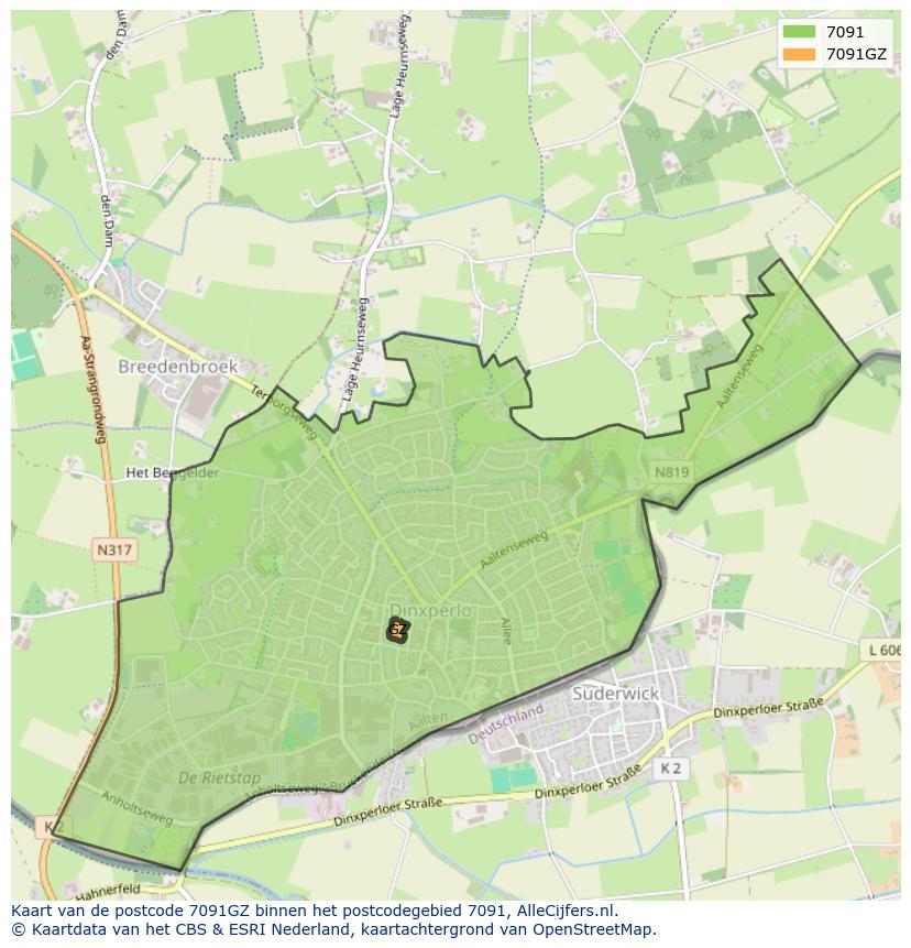 Afbeelding van het postcodegebied 7091 GZ op de kaart.