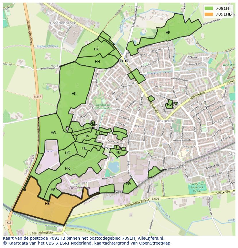 Afbeelding van het postcodegebied 7091 HB op de kaart.