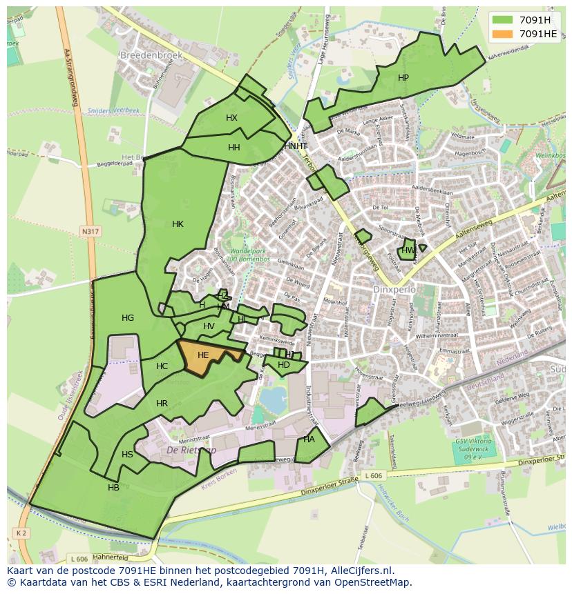 Afbeelding van het postcodegebied 7091 HE op de kaart.
