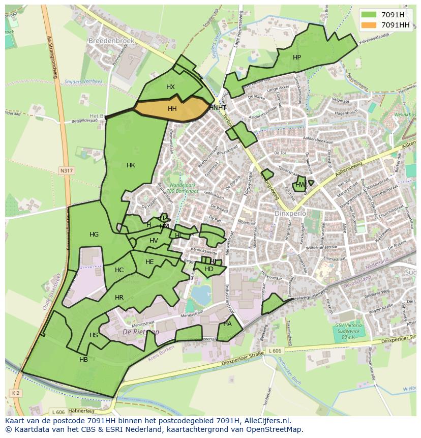 Afbeelding van het postcodegebied 7091 HH op de kaart.