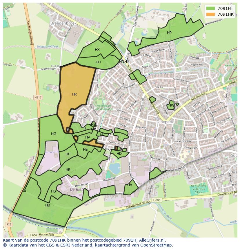 Afbeelding van het postcodegebied 7091 HK op de kaart.