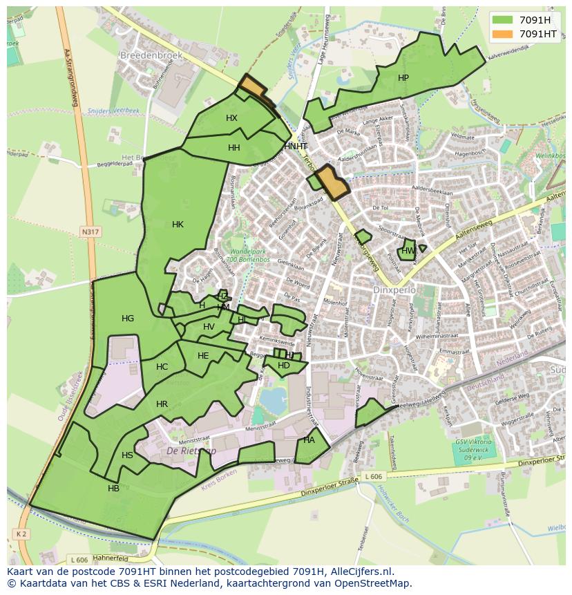 Afbeelding van het postcodegebied 7091 HT op de kaart.