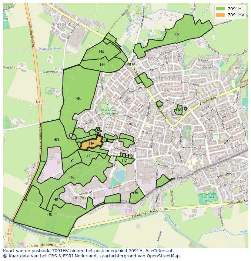 Afbeelding van het postcodegebied 7091 HV op de kaart.