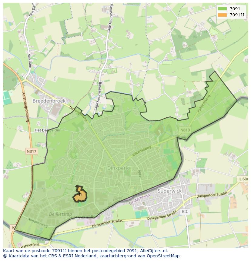 Afbeelding van het postcodegebied 7091 JJ op de kaart.