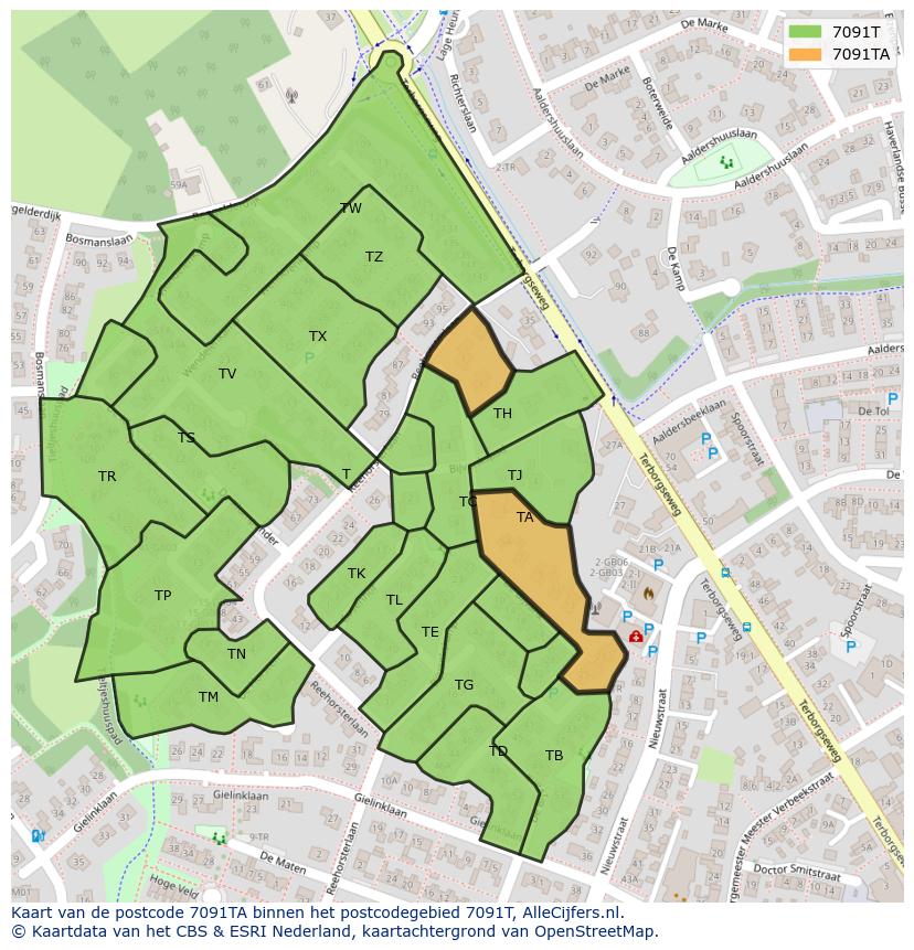 Afbeelding van het postcodegebied 7091 TA op de kaart.
