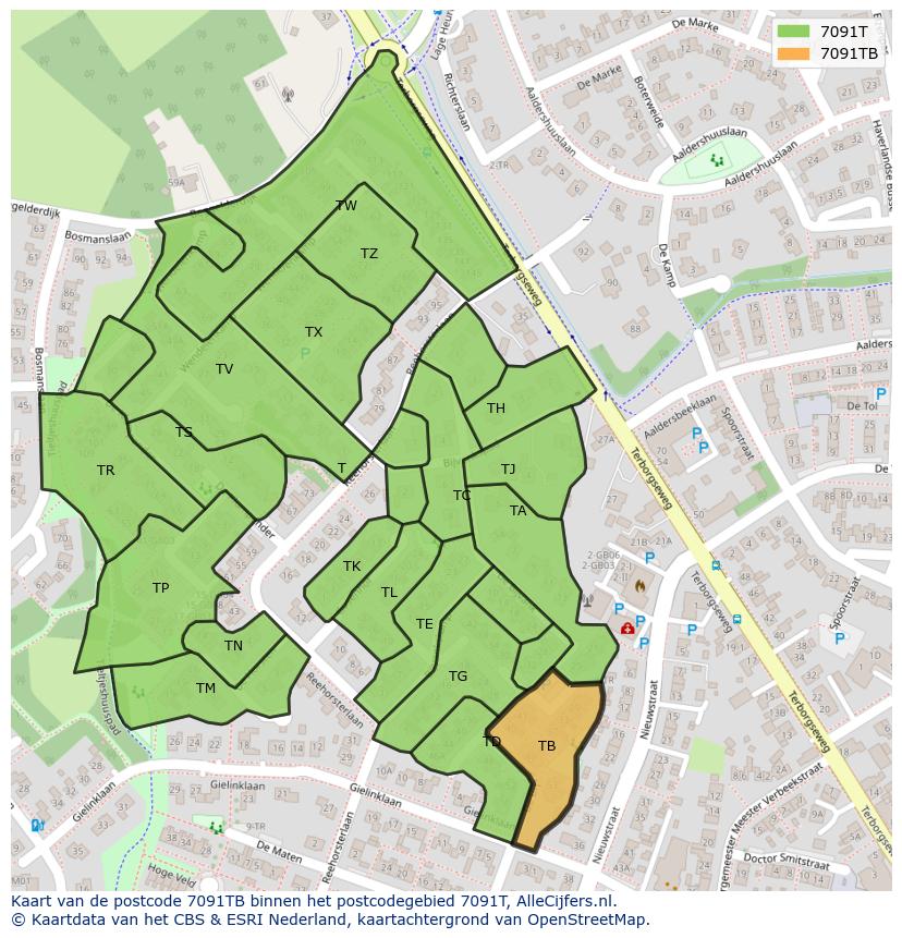 Afbeelding van het postcodegebied 7091 TB op de kaart.