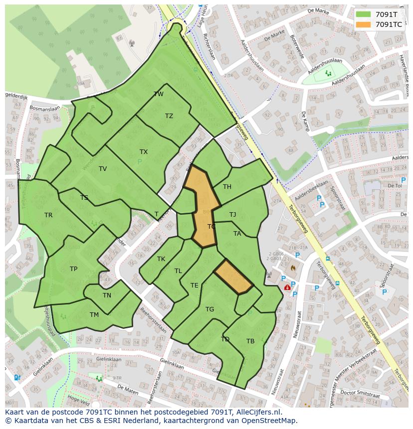 Afbeelding van het postcodegebied 7091 TC op de kaart.