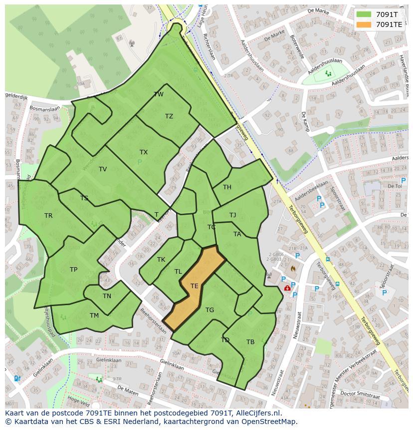 Afbeelding van het postcodegebied 7091 TE op de kaart.