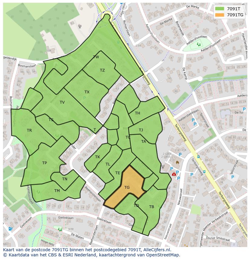 Afbeelding van het postcodegebied 7091 TG op de kaart.