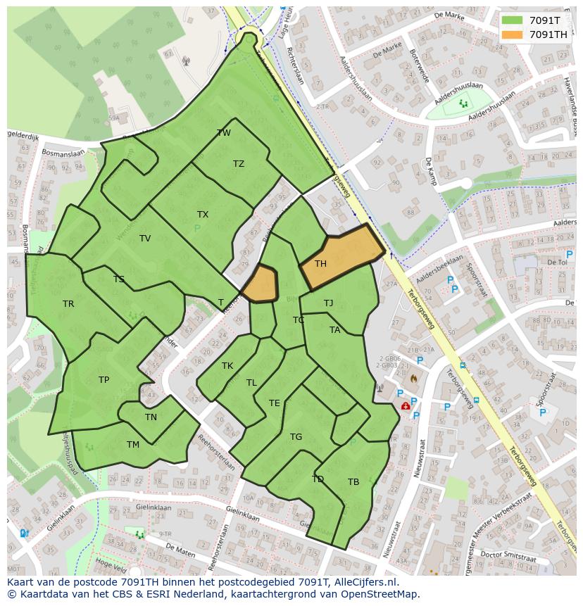 Afbeelding van het postcodegebied 7091 TH op de kaart.
