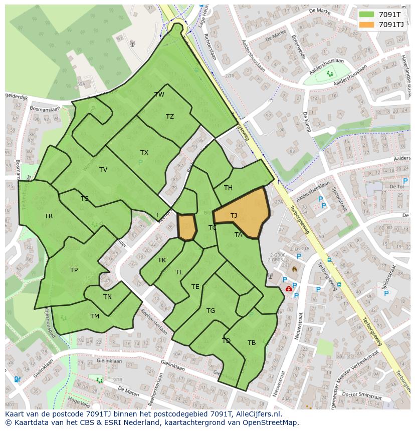 Afbeelding van het postcodegebied 7091 TJ op de kaart.