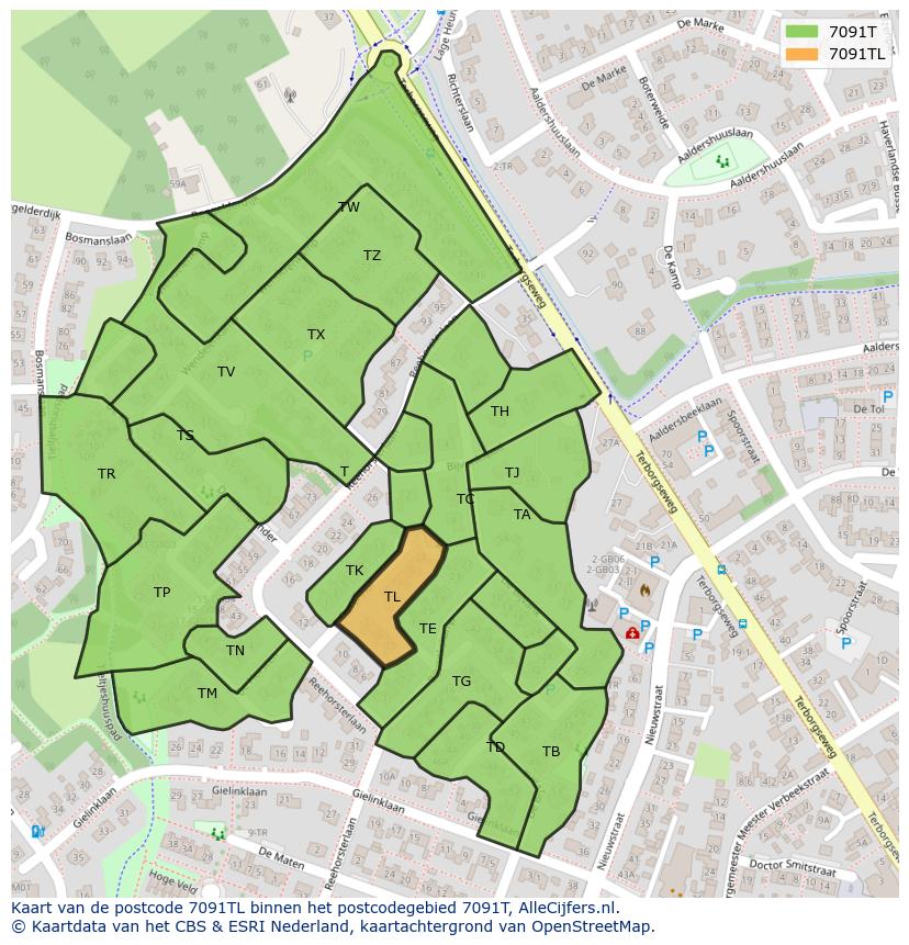 Afbeelding van het postcodegebied 7091 TL op de kaart.