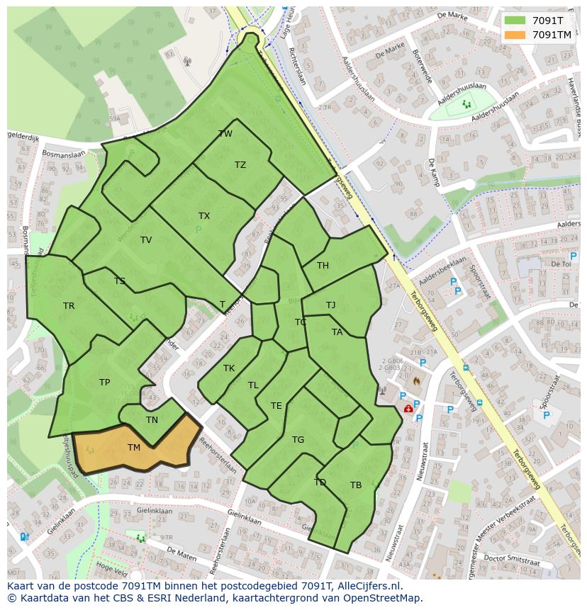 Afbeelding van het postcodegebied 7091 TM op de kaart.