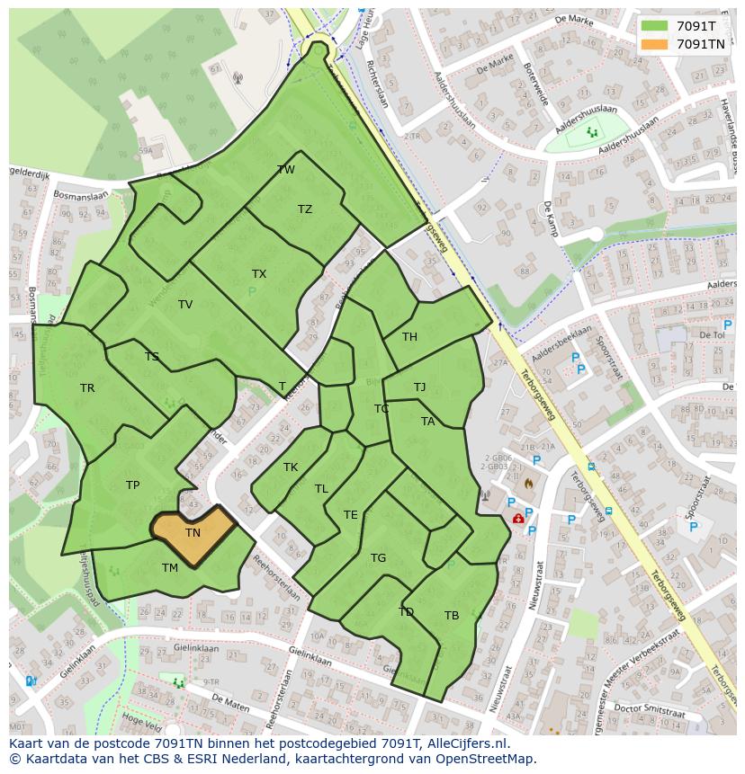 Afbeelding van het postcodegebied 7091 TN op de kaart.