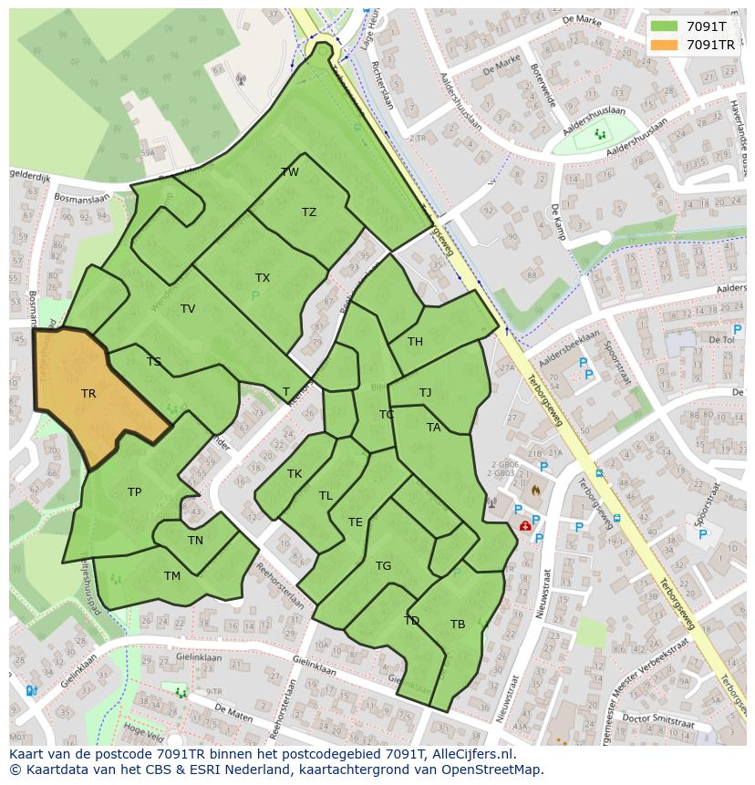 Afbeelding van het postcodegebied 7091 TR op de kaart.