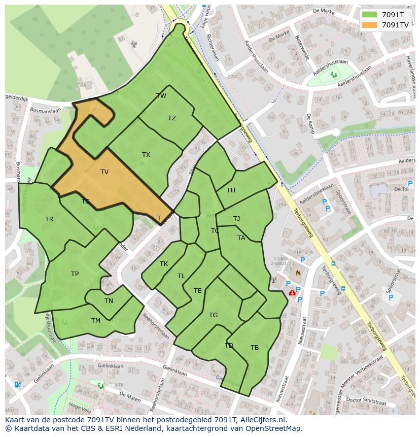 Afbeelding van het postcodegebied 7091 TV op de kaart.