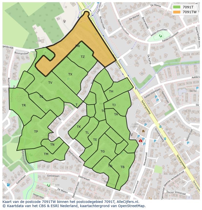 Afbeelding van het postcodegebied 7091 TW op de kaart.