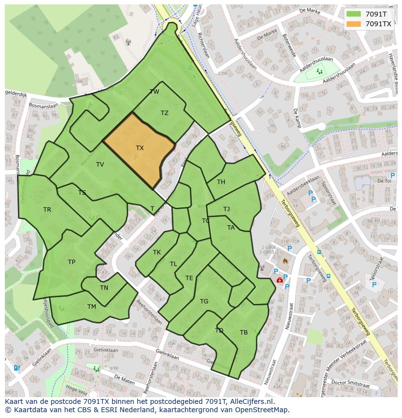 Afbeelding van het postcodegebied 7091 TX op de kaart.