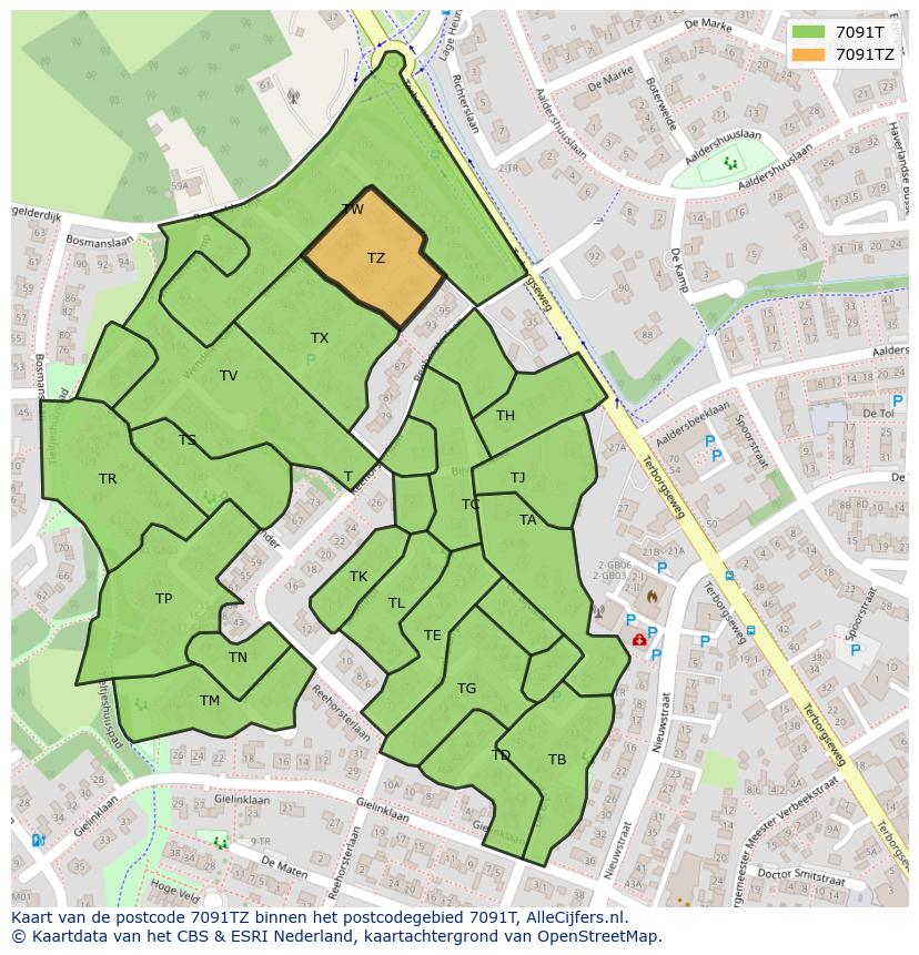 Afbeelding van het postcodegebied 7091 TZ op de kaart.