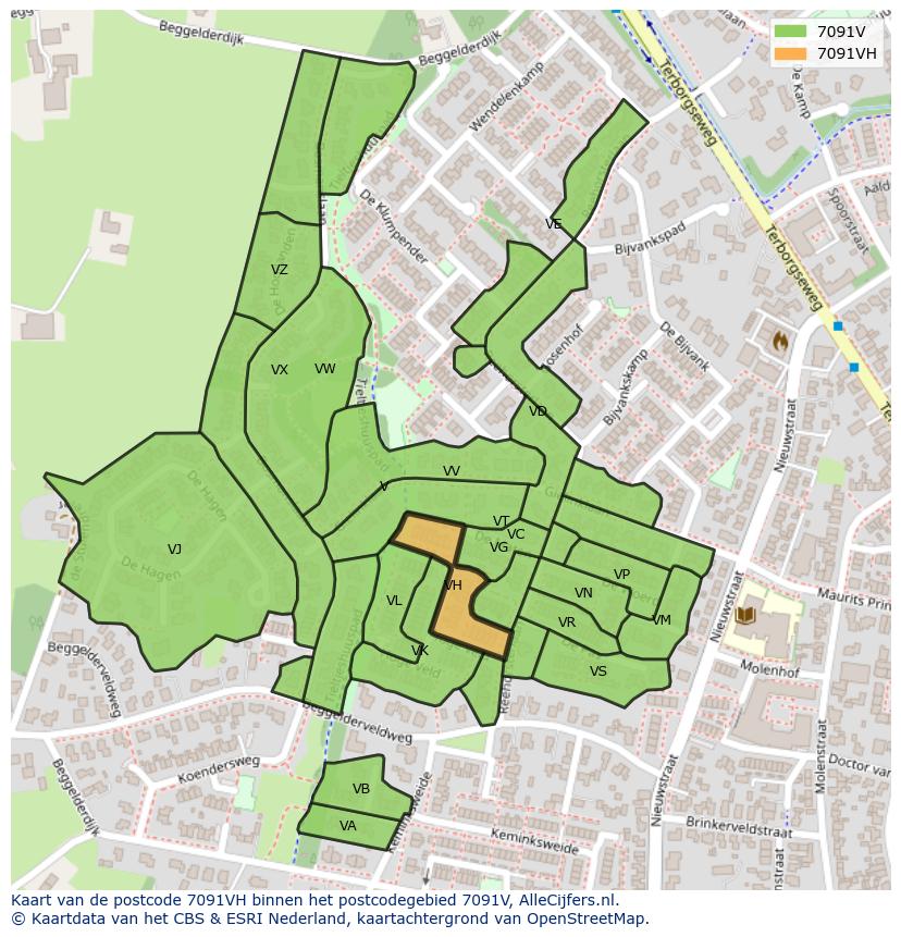 Afbeelding van het postcodegebied 7091 VH op de kaart.