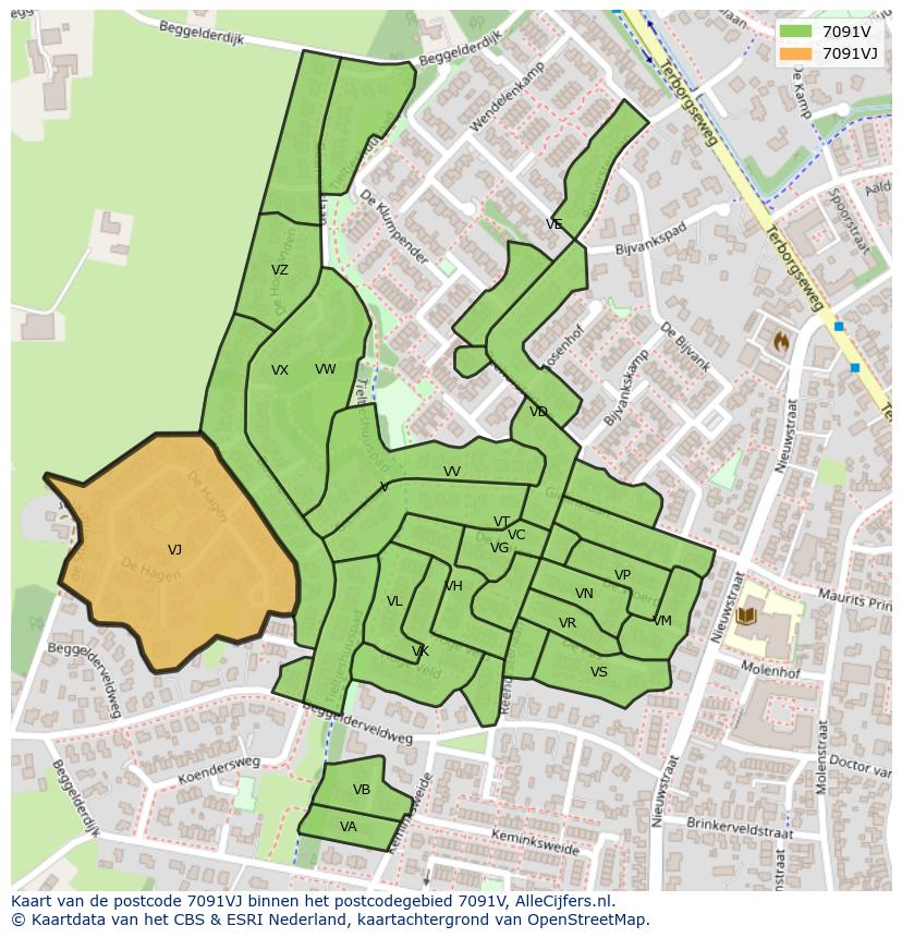Afbeelding van het postcodegebied 7091 VJ op de kaart.