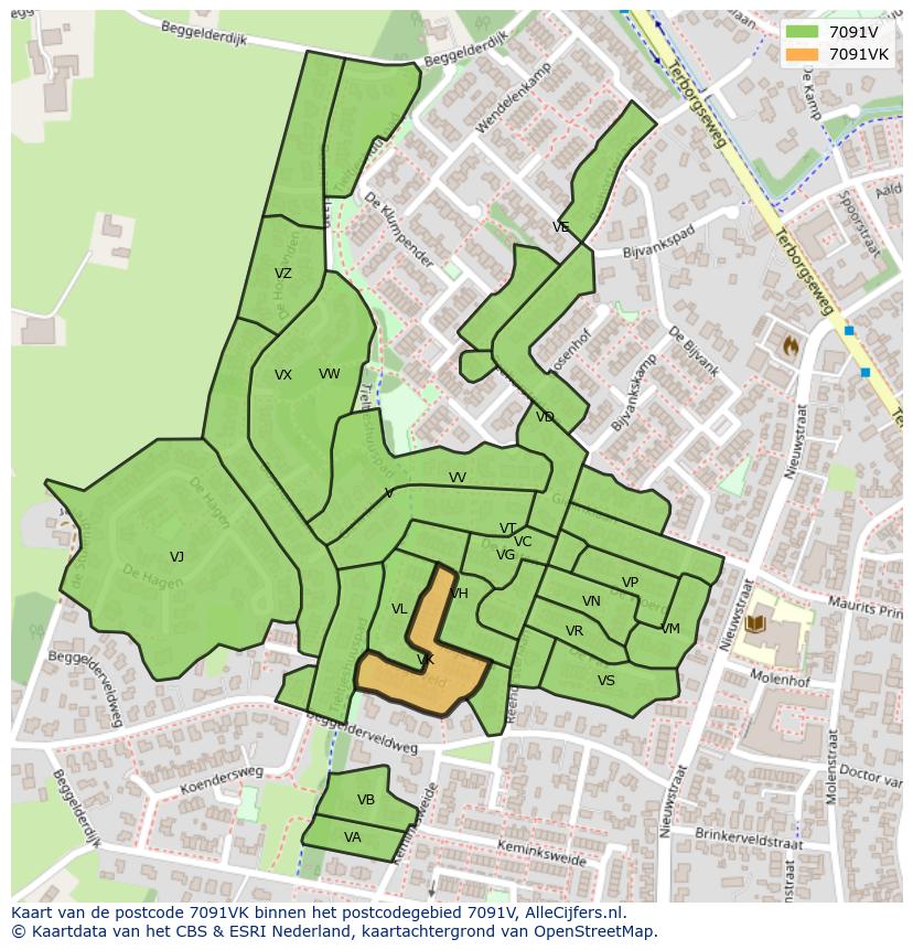 Afbeelding van het postcodegebied 7091 VK op de kaart.
