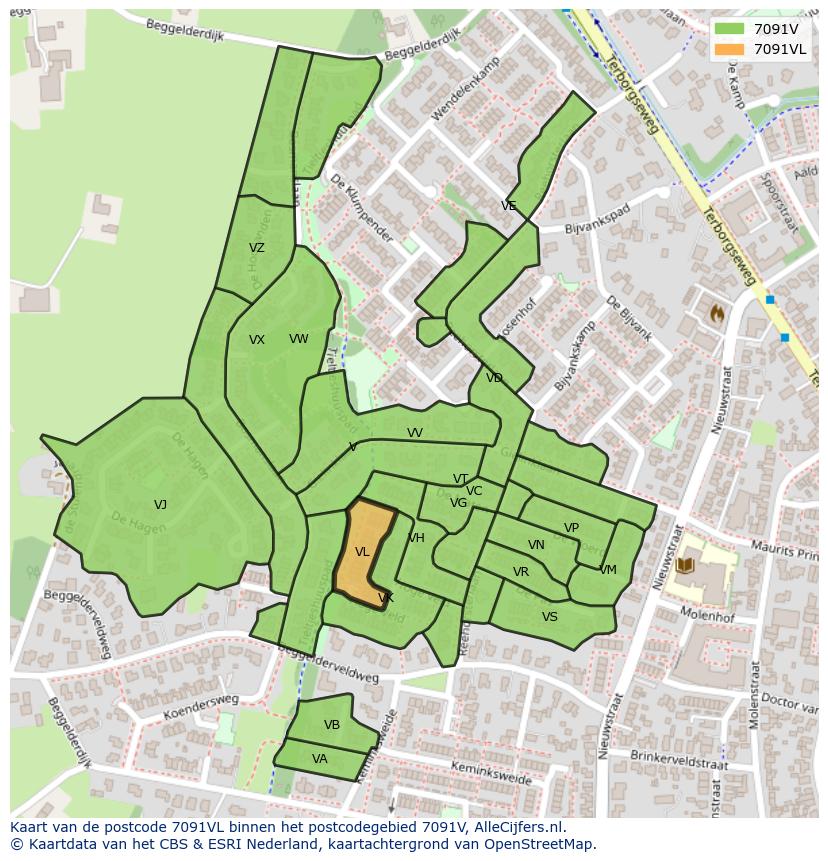 Afbeelding van het postcodegebied 7091 VL op de kaart.