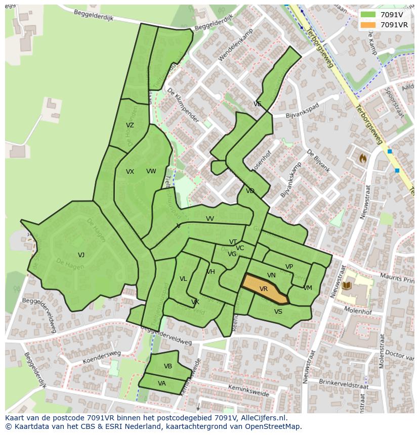 Afbeelding van het postcodegebied 7091 VR op de kaart.
