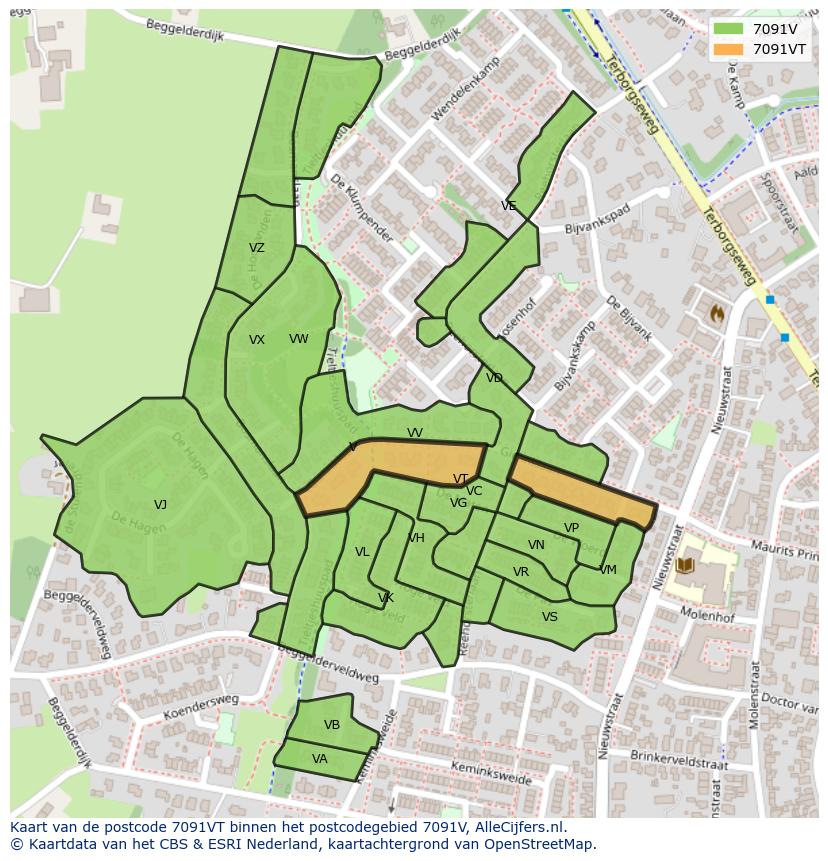 Afbeelding van het postcodegebied 7091 VT op de kaart.