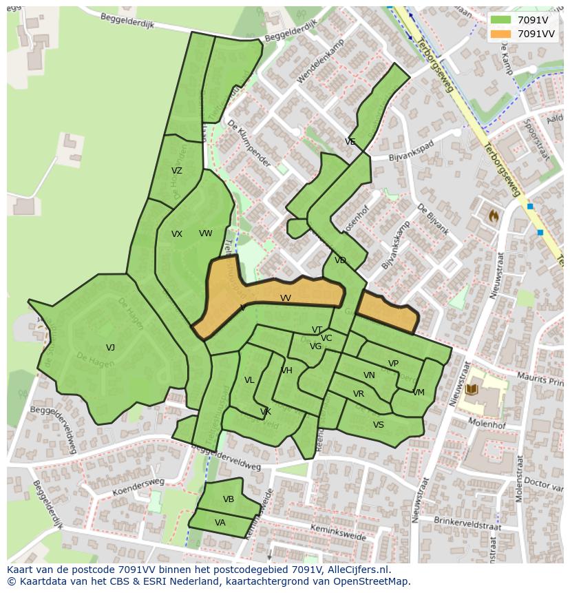 Afbeelding van het postcodegebied 7091 VV op de kaart.