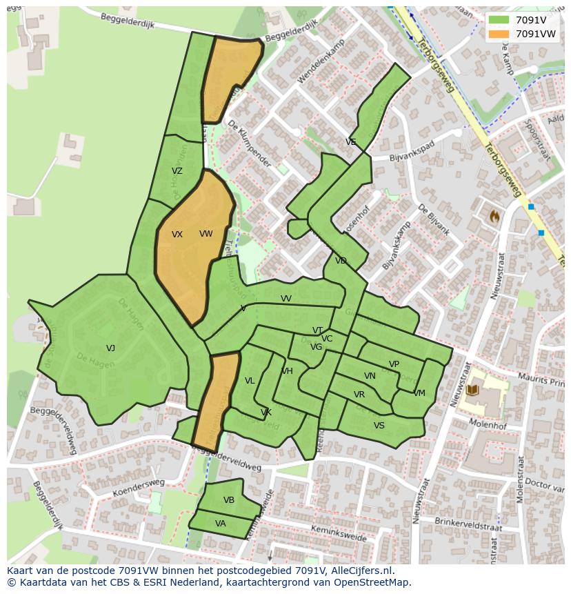 Afbeelding van het postcodegebied 7091 VW op de kaart.