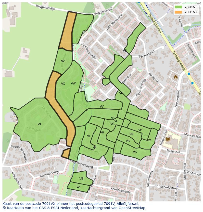 Afbeelding van het postcodegebied 7091 VX op de kaart.