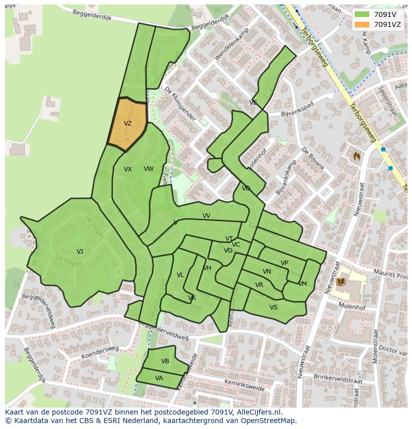 Afbeelding van het postcodegebied 7091 VZ op de kaart.