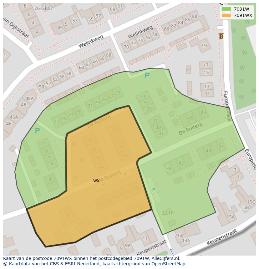 Afbeelding van het postcodegebied 7091 WX op de kaart.
