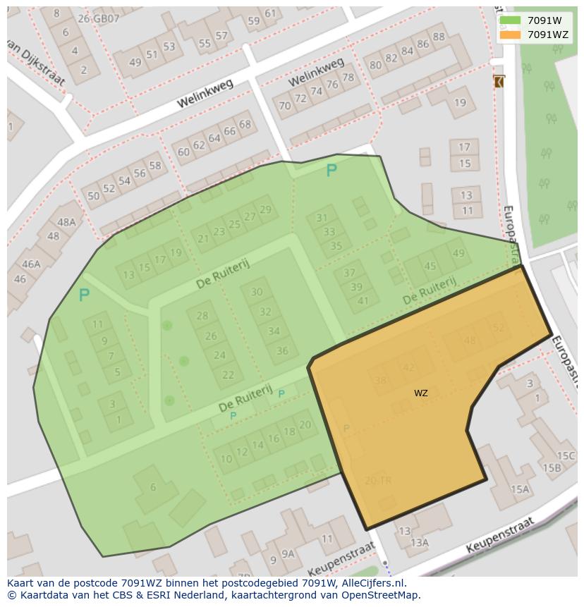 Afbeelding van het postcodegebied 7091 WZ op de kaart.