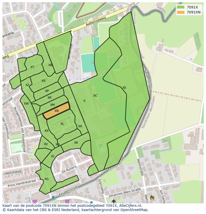 Afbeelding van het postcodegebied 7091 XN op de kaart.