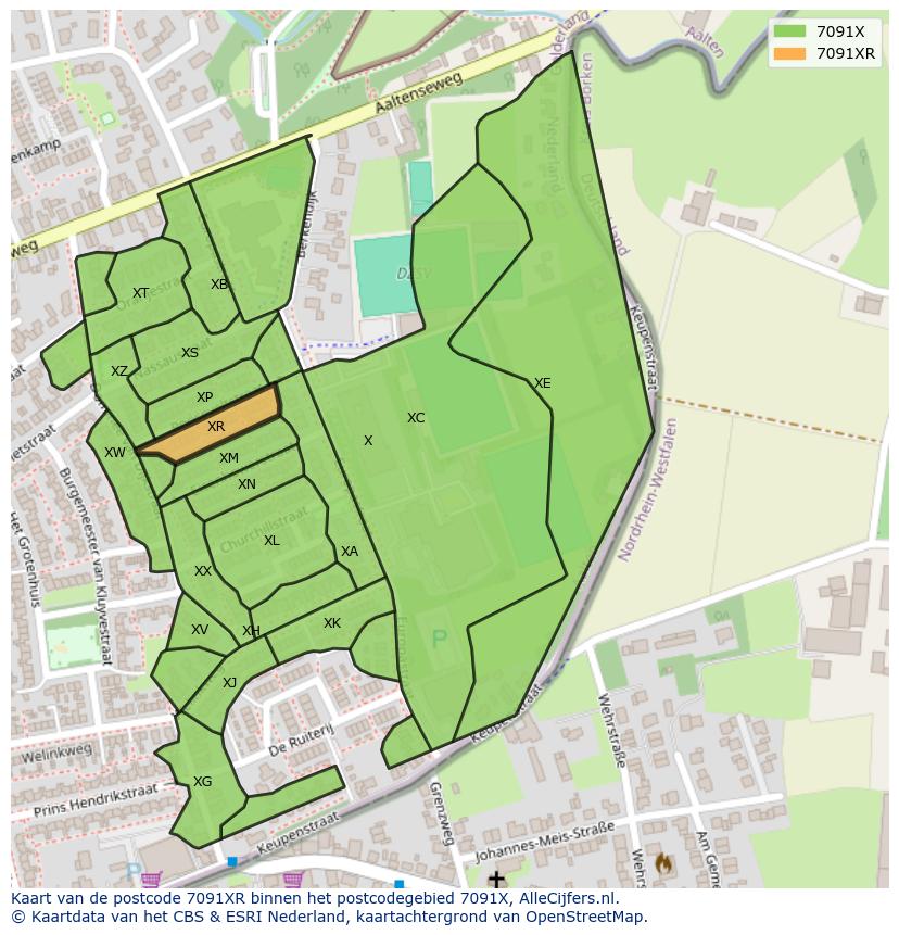Afbeelding van het postcodegebied 7091 XR op de kaart.