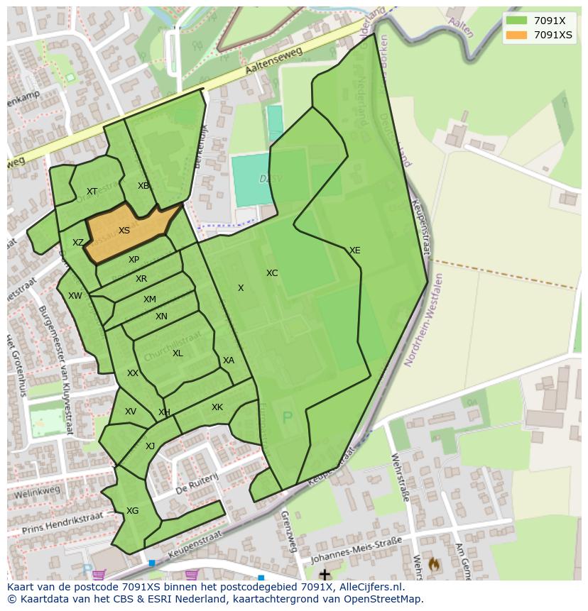 Afbeelding van het postcodegebied 7091 XS op de kaart.