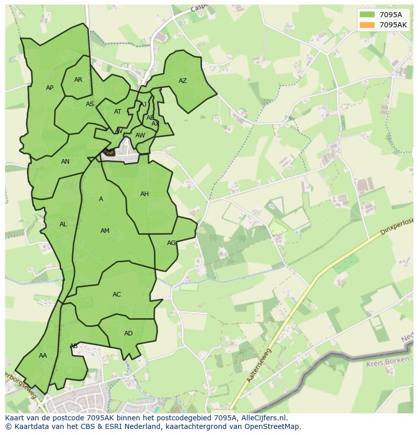 Afbeelding van het postcodegebied 7095 AK op de kaart.