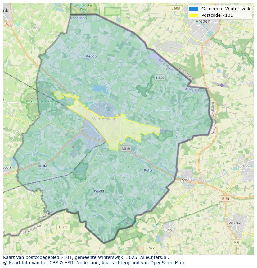 Afbeelding van het postcodegebied 7101 op de kaart.