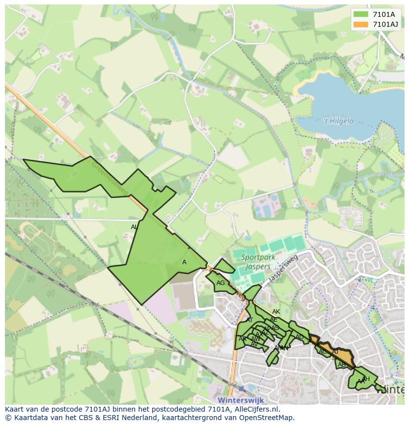 Afbeelding van het postcodegebied 7101 AJ op de kaart.