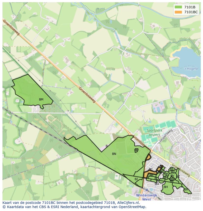 Afbeelding van het postcodegebied 7101 BC op de kaart.