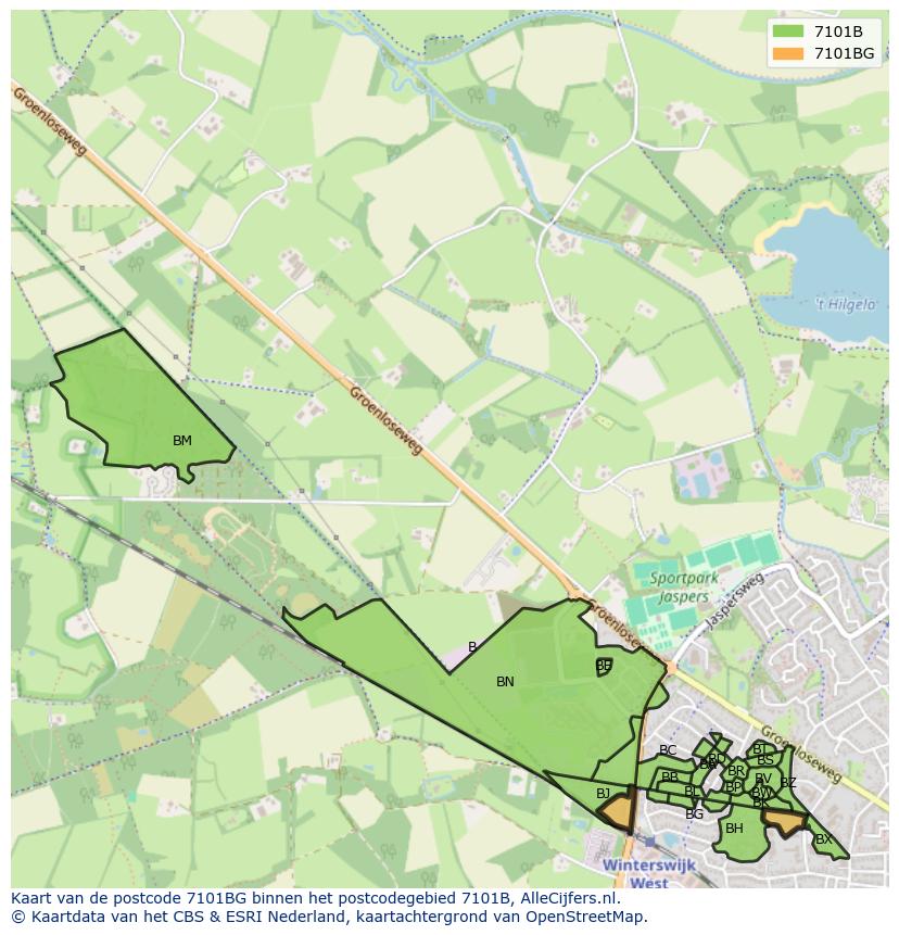 Afbeelding van het postcodegebied 7101 BG op de kaart.