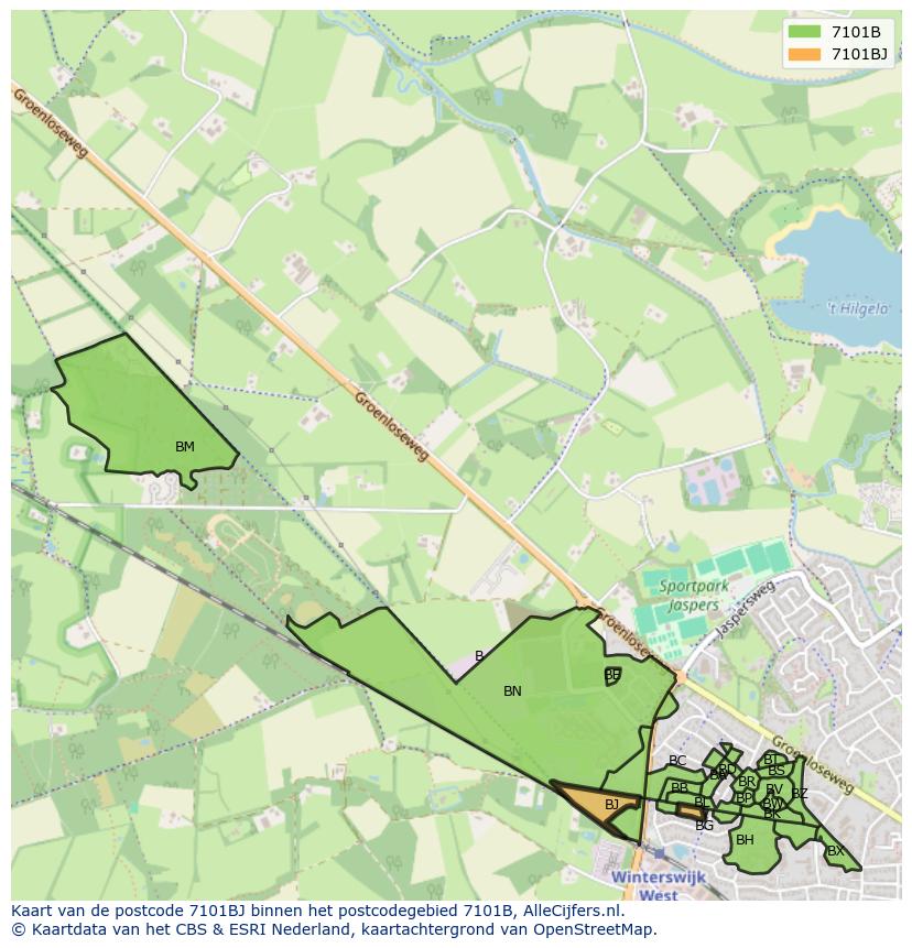 Afbeelding van het postcodegebied 7101 BJ op de kaart.
