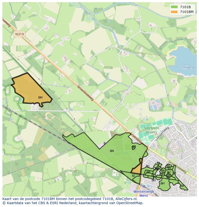 Afbeelding van het postcodegebied 7101 BM op de kaart.